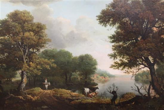 Attributed to Anthony Thomas Devis (1729-1816) River landscapes with cattle and equestrian figure 24 x 36in.